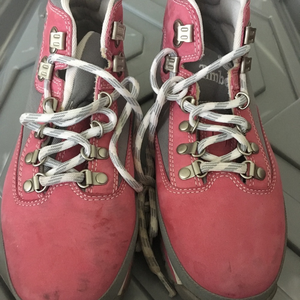 Pink and gray suede timberlands